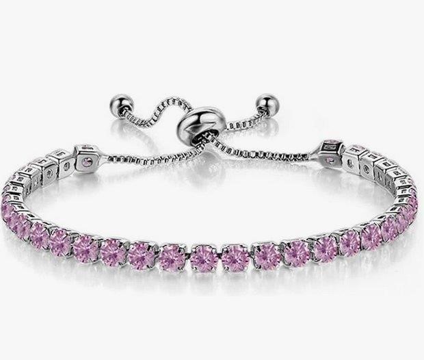 925 Sterling Silver Tennis Bracelet Pink Simulated Diamonds-adjustable