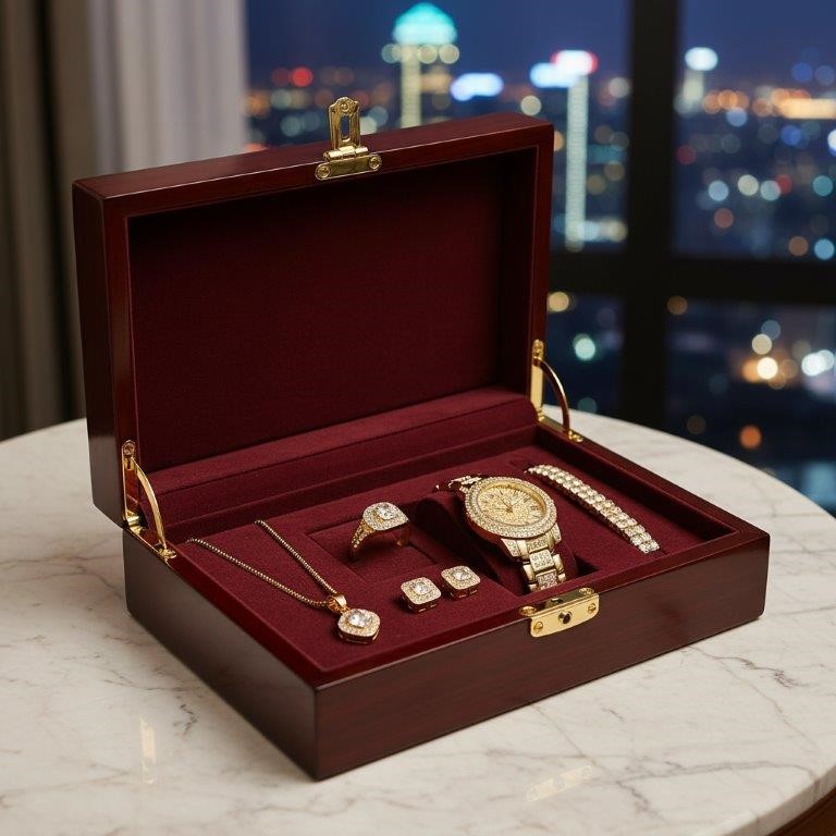 6-Piece Jewellery white Stones(Gift Box Included)-18k Yellow Gold Plated