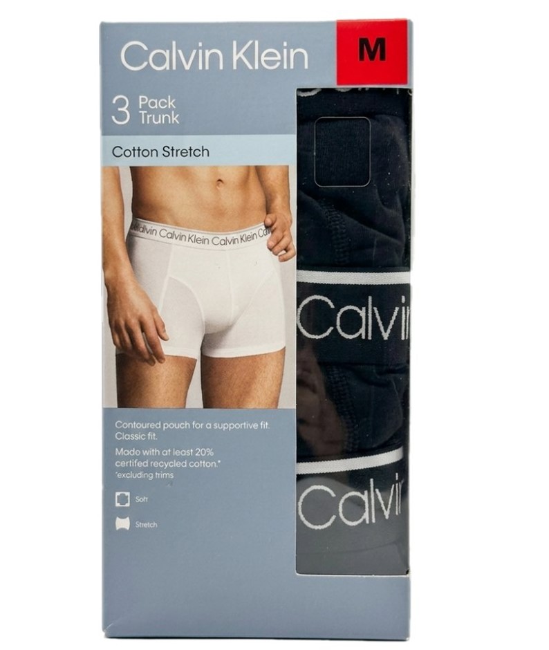 CALVIN KLEIN 3 Pack Men's Trunks, Size M, Cotton Stretch, Black (001), NP19