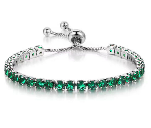 925 Sterling Silver Tennis Bracelet Green Simulated Diamonds-adjustable