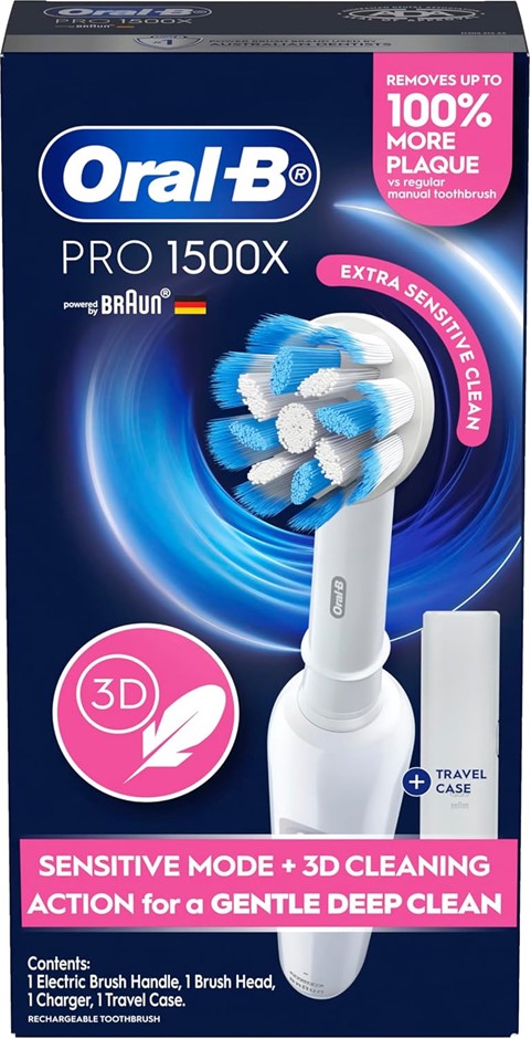 ORAL-B Pro 1500X Electric Toothbrush with Travel Case and Charger, White. N