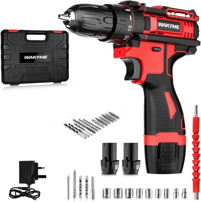 WAKYME 12.6V Cordless Drill Driver Kit, Power Drill with 2 Batteries & Char