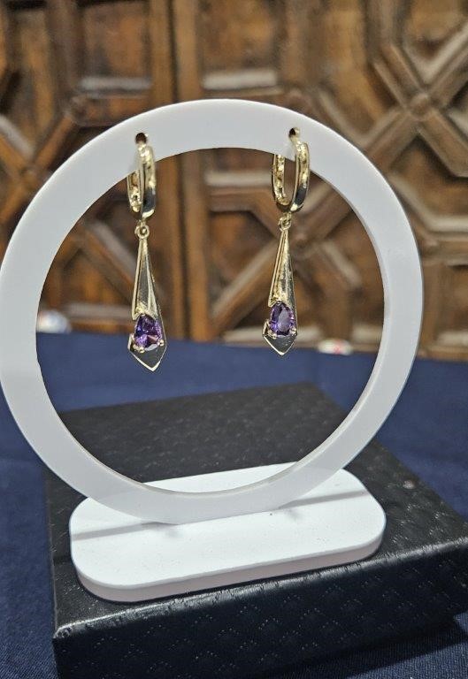 14K/Italy Stamped Yellow Gold Filled Earrings-Purple Stones-Bonus Gift