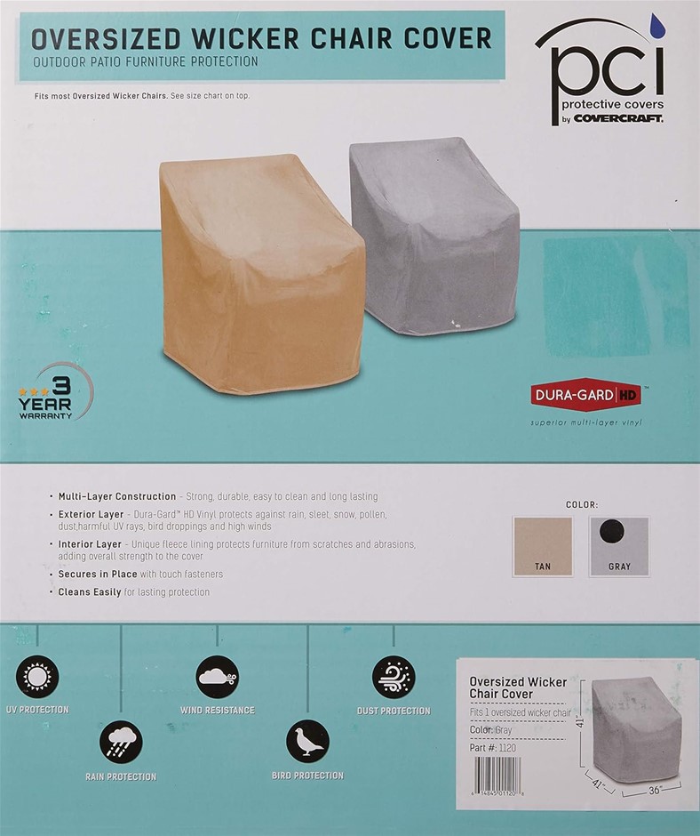 PROTECTIVE COVERS Weatherproof Wicker Chair Cover, Large, Gray.