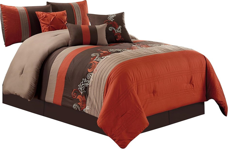 CHEZMOI COLLECTION Napa 7-Piece Luxury Autumn Leaves Scroll Embroidery Bedd