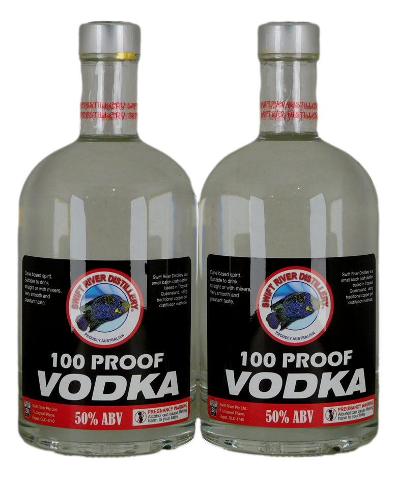 Swift River Distillery Vodka 100 proof (2x 700mL), QLD.