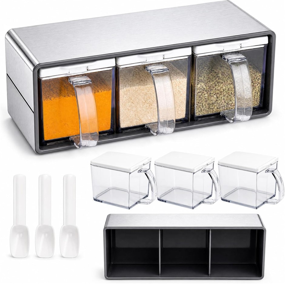ZENFUN 3 Grids Salt Container with Lid and Spoon.