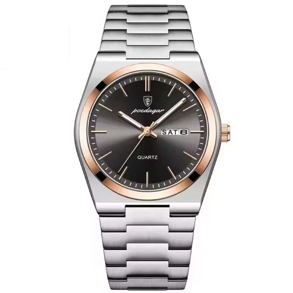 Luxury Quartz Watch Men, Calender with Strap, Silver/Rose Gold/Black