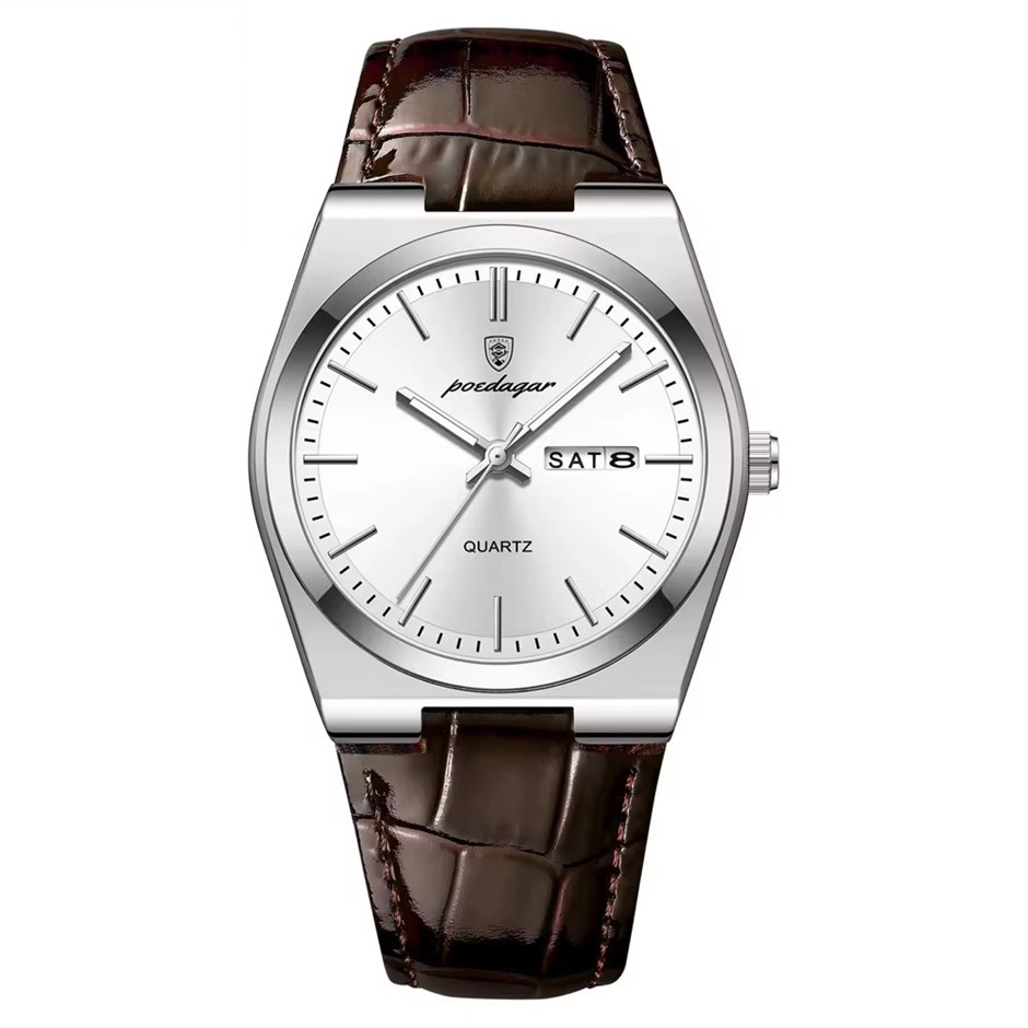 Luxury Quartz Watch for Men, Calender with Leather Strap, Silver