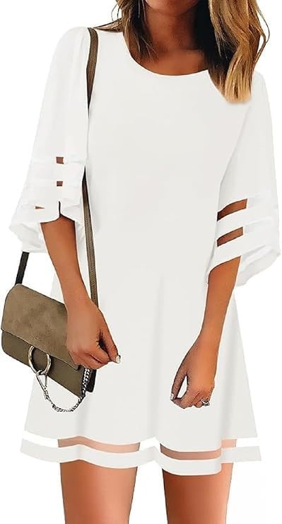 Women Casual Crewneck Mesh Panel 3/4 Bell Sleeve Loose Tunic Dress, Medium,