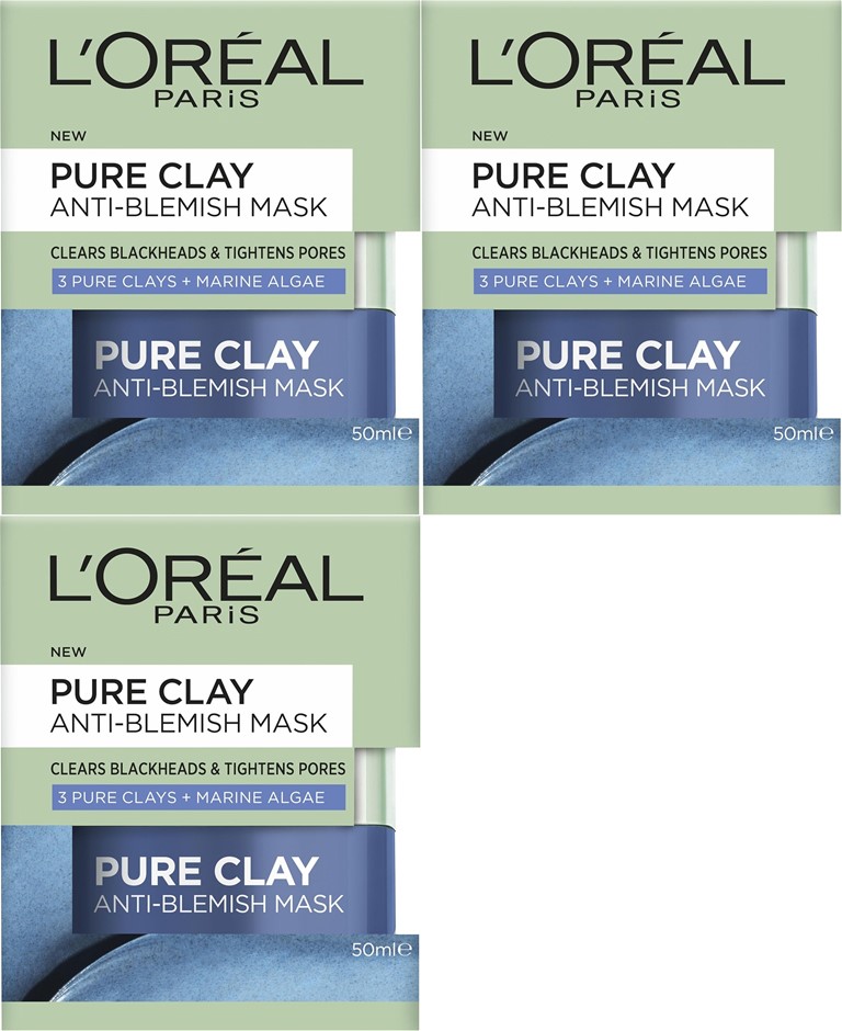 3 x L'Oréal Paris Pure Clay Marine Algae Anti-Blemish Mask 50ml