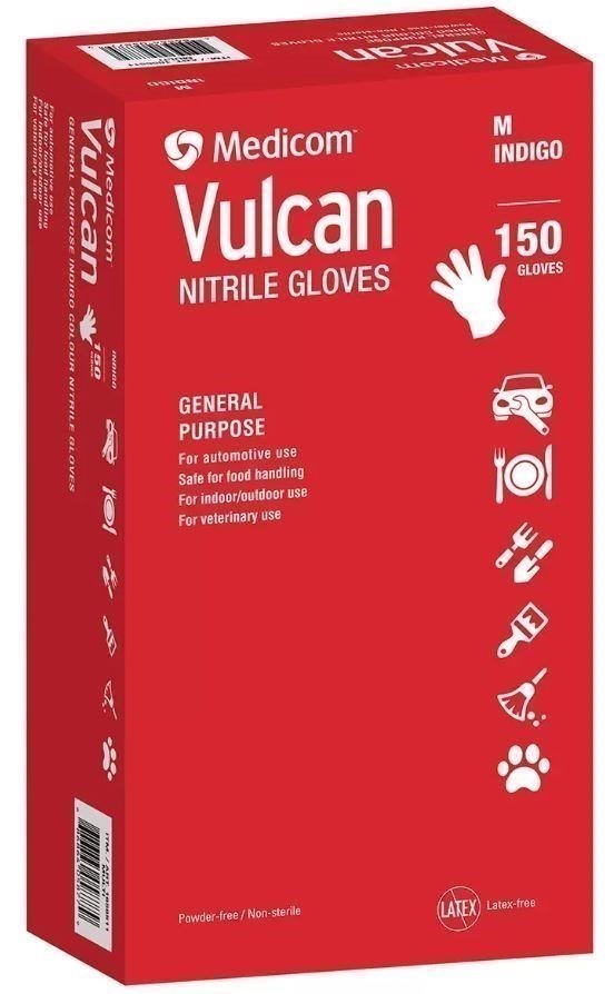 0362-5062744 · 2 x MEDICOM 150pk Vulcan Nitrile Gloves, Medium. NB: Damaged packaging.