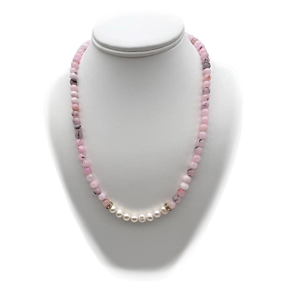 7-8mm Pearl & Cherry Blossom Jasper with Real 18k Gold Plated Necklace