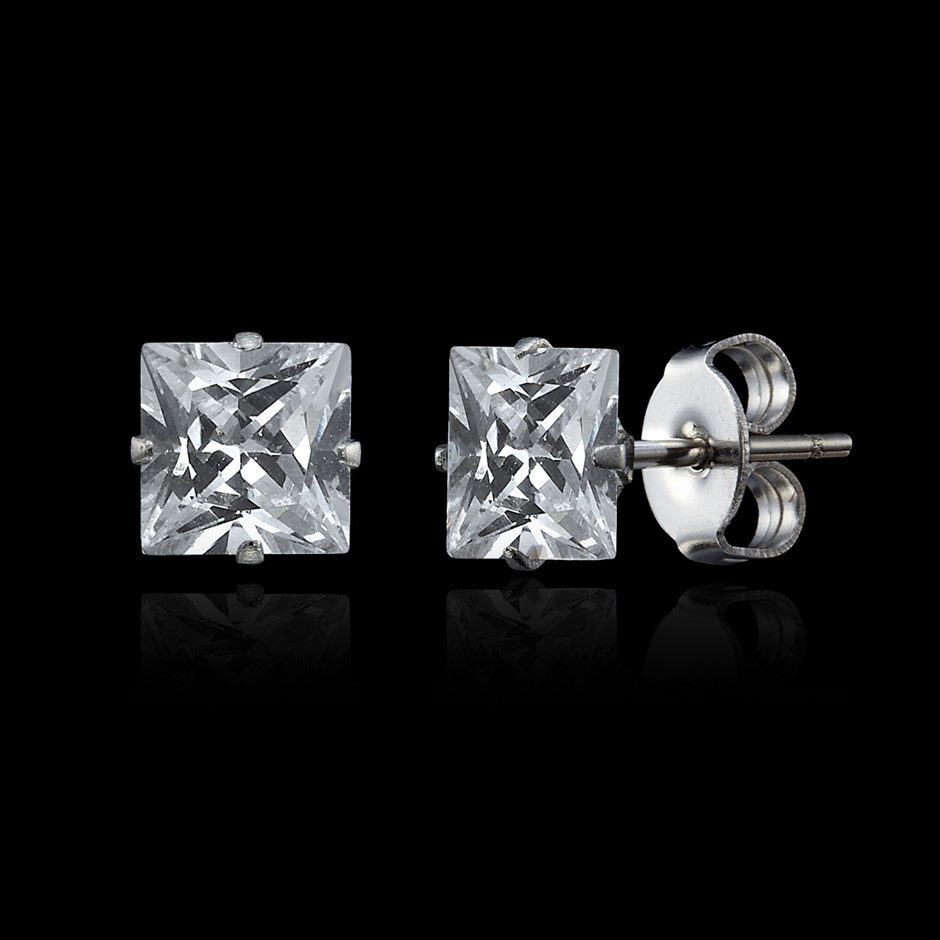 Solid 925 Sterling Silver 6mm Square Stud Earrings Featuring 2 Crystals