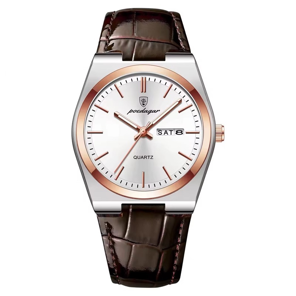 Luxury Quartz Watch for Men, Calender with Leather Strap, Silver/Rose Gold