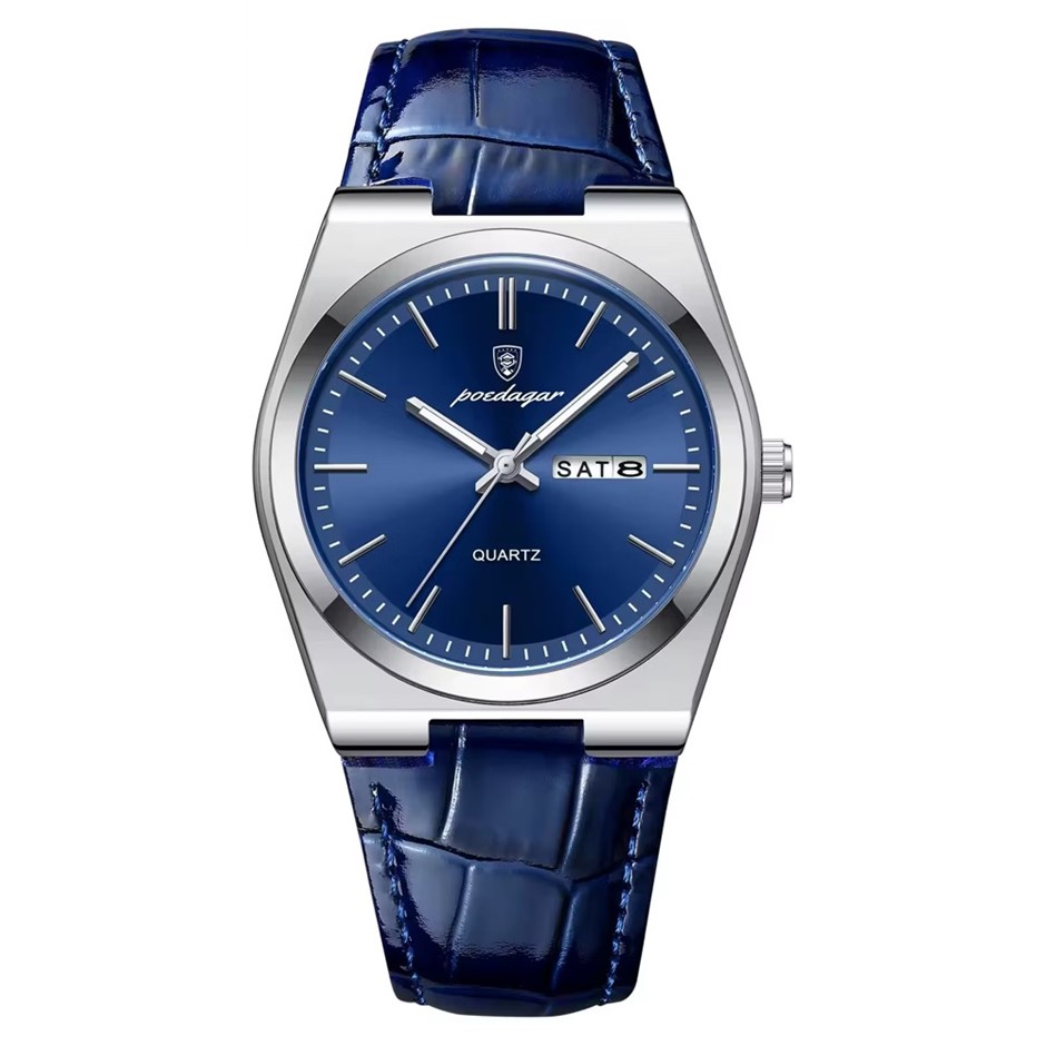 Luxury Quartz Watch for Men, Calender with Leather Strap, Silver/Blue