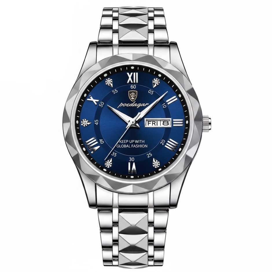 Luxury Men's Quartz Watch Date Week with Stainless Steel Strap, Silver