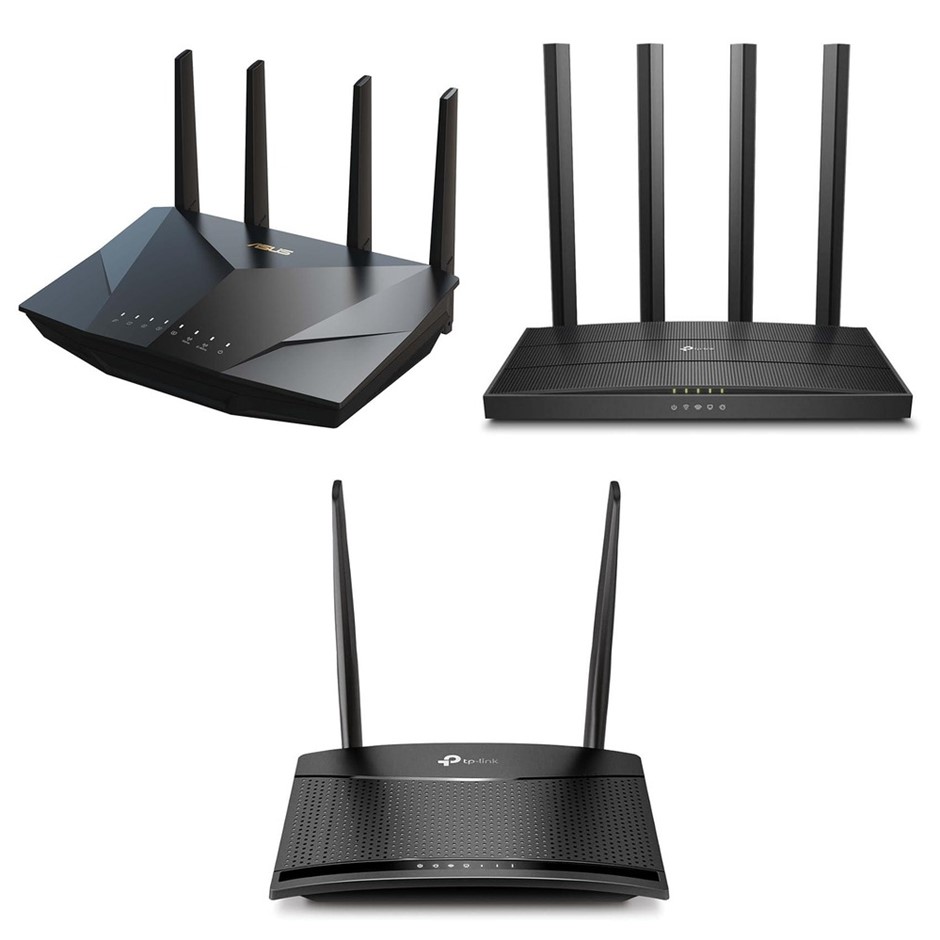 3 x Assorted Routers. 1 x ASUS RT-AX5400 Dual Band WiFi 6 Extendable Router