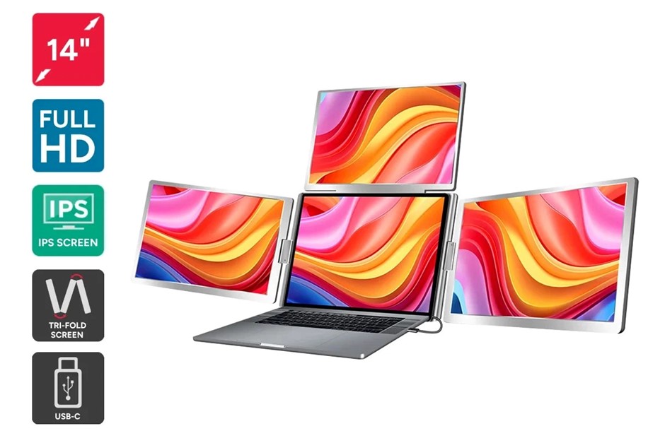 KOGAN XPRESSO 14" Full HD Pro Triple Screen Tri-Fold Portable Monitor. NB:
