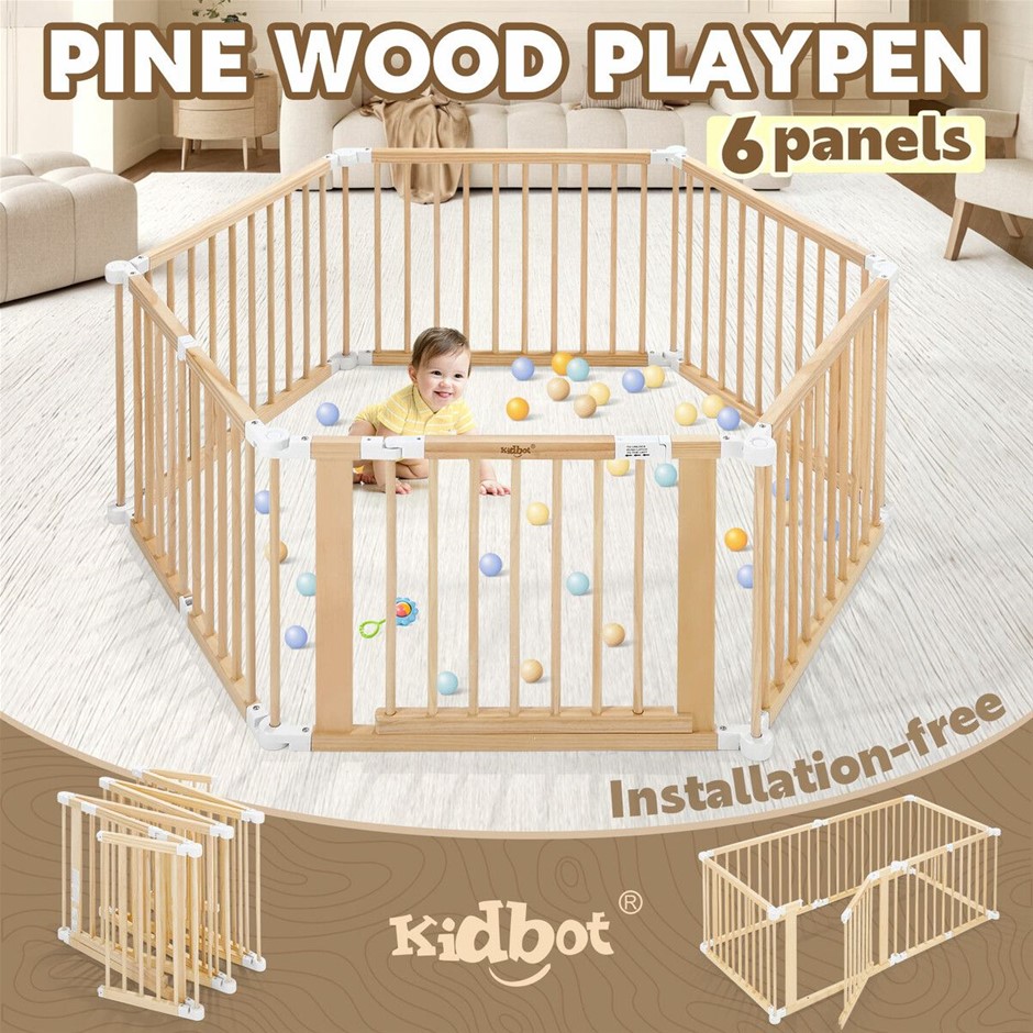 Kidbot Baby Playpen 6 Panel Kids Wooden Safety Gate Pet Dog Fence Activity
