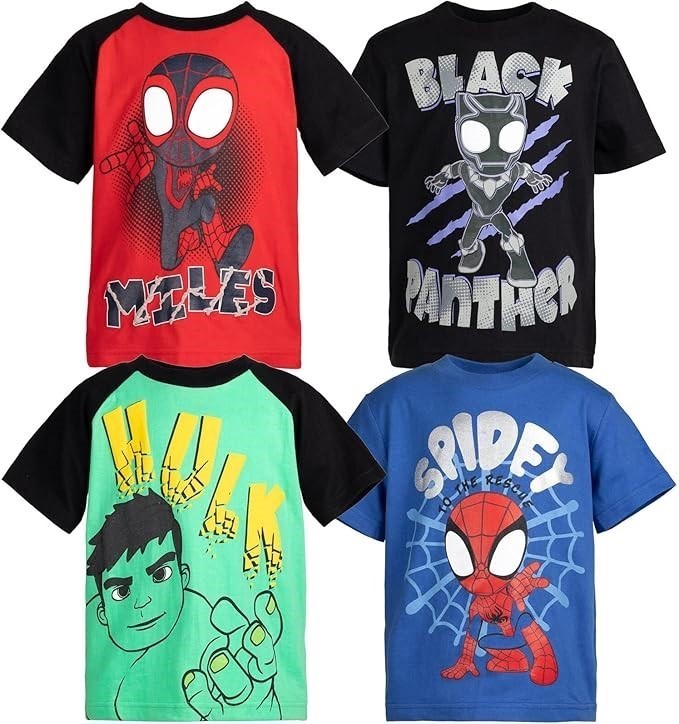 4 Pack x MARVEL AVENGERS Kid's Spidey and His Amazing Friends T-Shirts, Siz