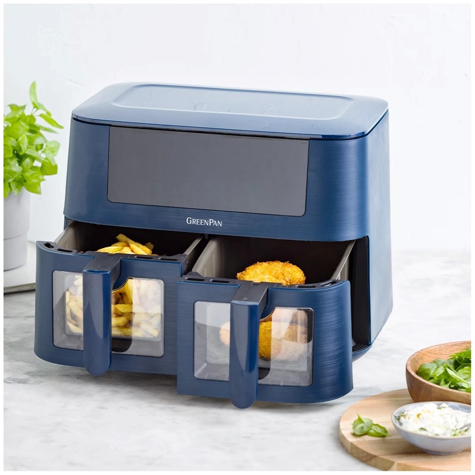 GREENPAN Bistro Airfryer 2 Basket, Dual Zone Airfryer 8L, Oxford Blue. NB: