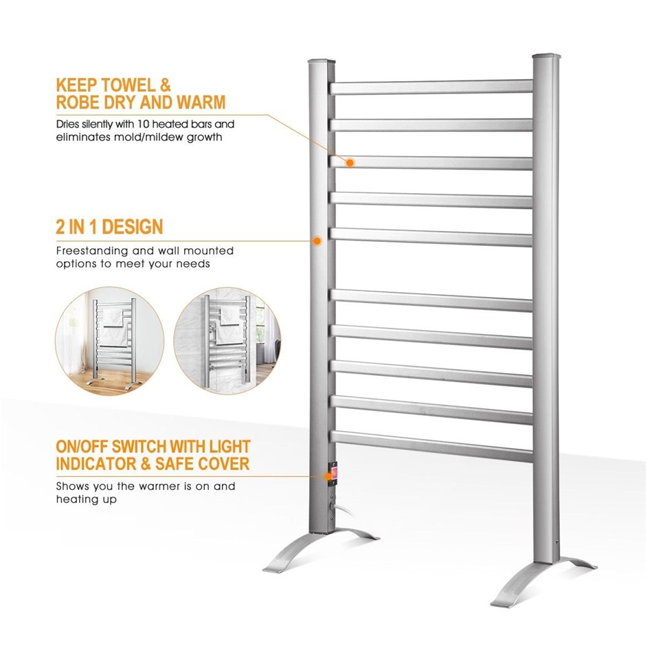2-in-1 Electric Heated Towel Rail Bathroom 10 Bars Rack Warmer Free Standin