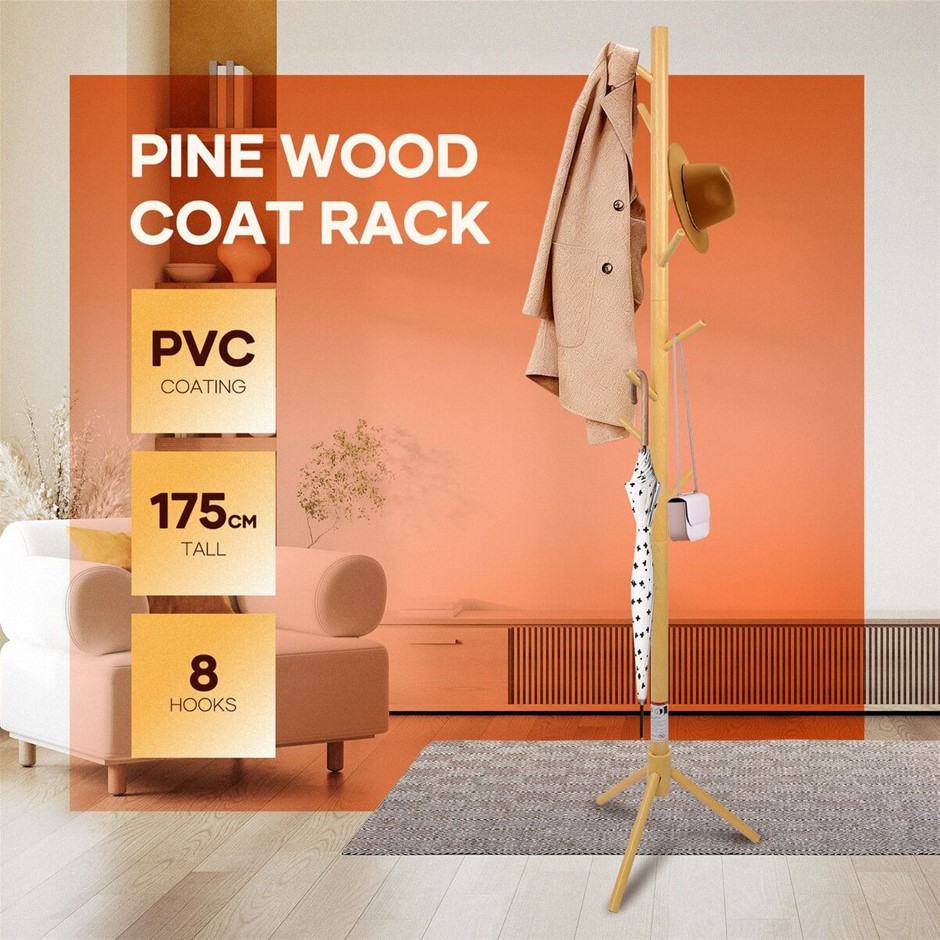 Wooden Coat Rack Stand 8 Hooks Adjustable Freestanding Hall Tree 175x40cm