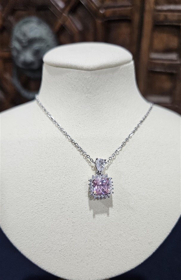 925 Sterling Silver Pink stones Princess Cut Necklace-Simulated Diamonds