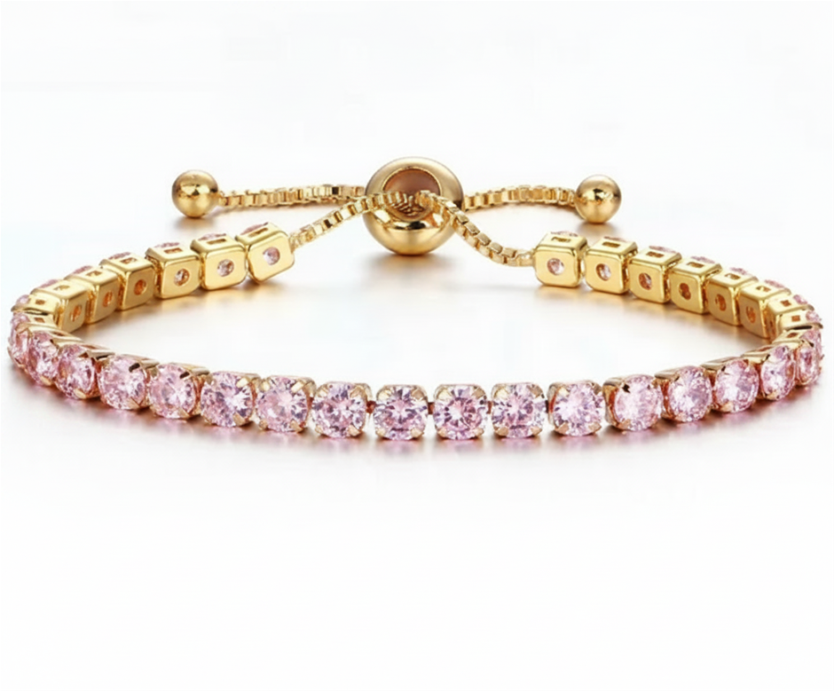 925 Sterling Silver Tennis Bracelet   Pink Simulated Diamonds-adjustable