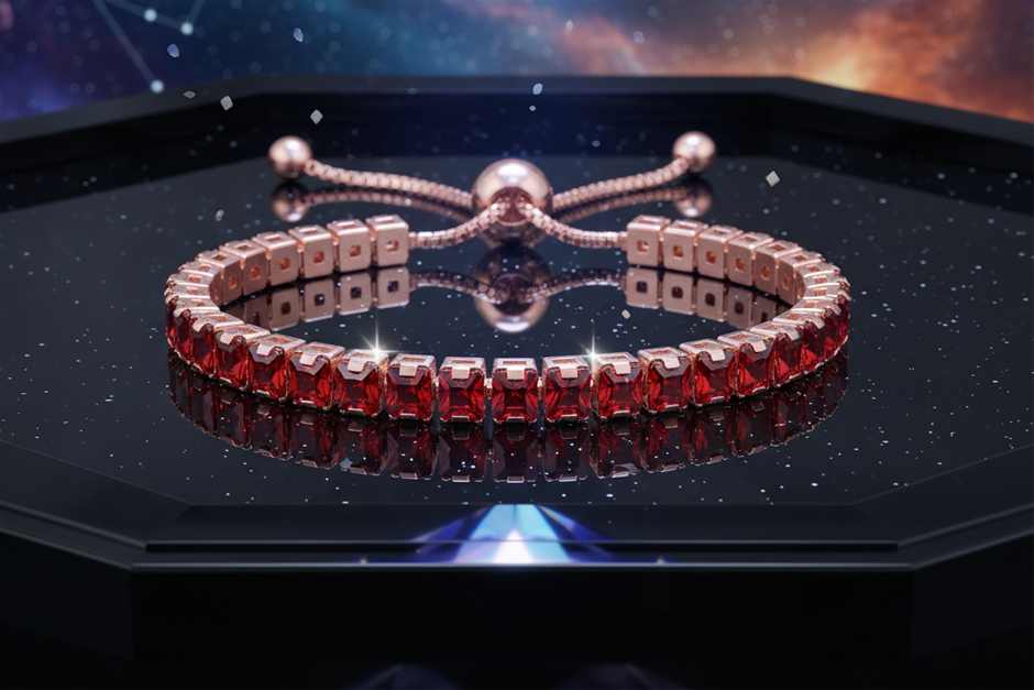 925 Sterling Silver Tennis Bracelet Red Simulated Diamonds-adjustable