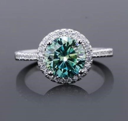 2.0ct GRA Moissanite Blue green Stones 18k White Gold Vermeil Ring -8US