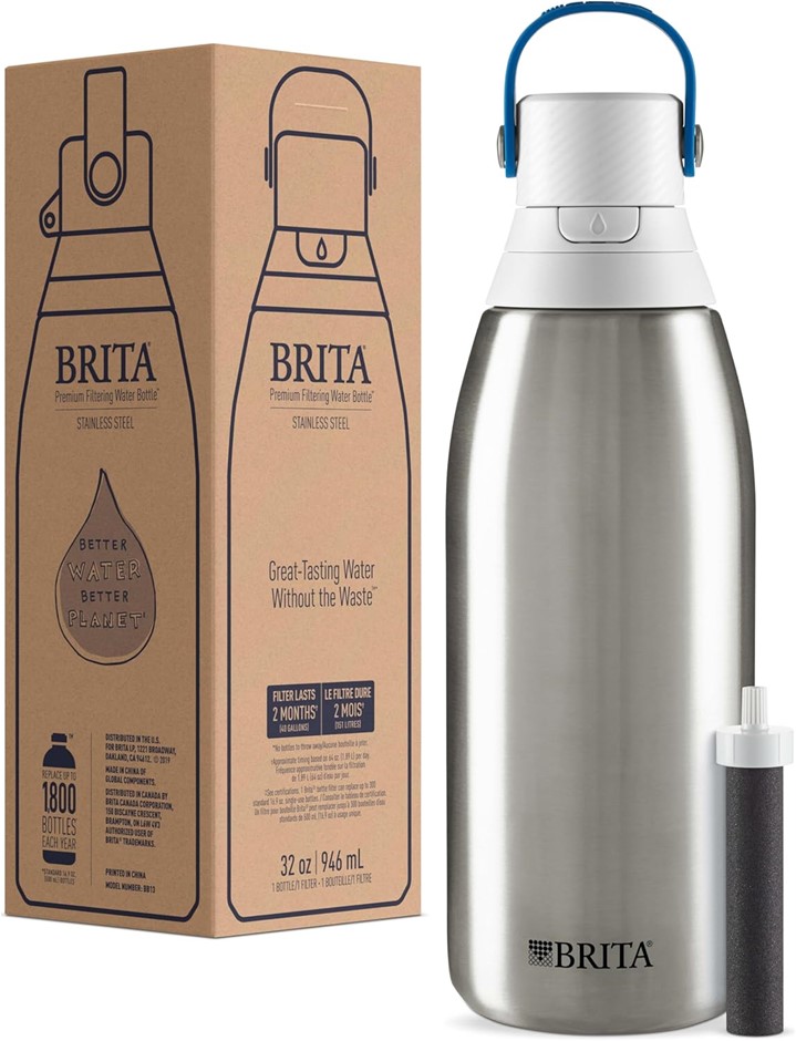 Brita Stainless Steel Premium Filtering Water Bottle, BPA-Free, Reusable, I