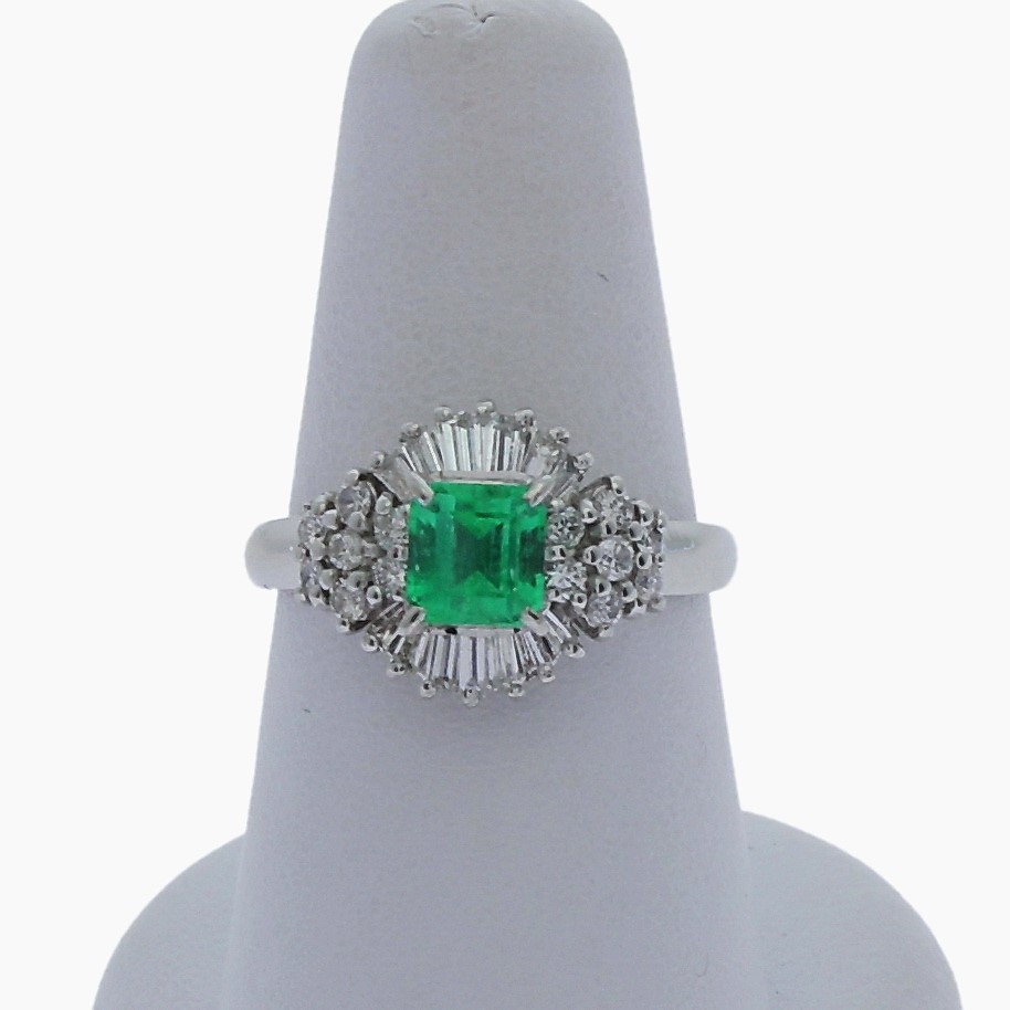 Platinum Emerald and diamond dress ring, narrow