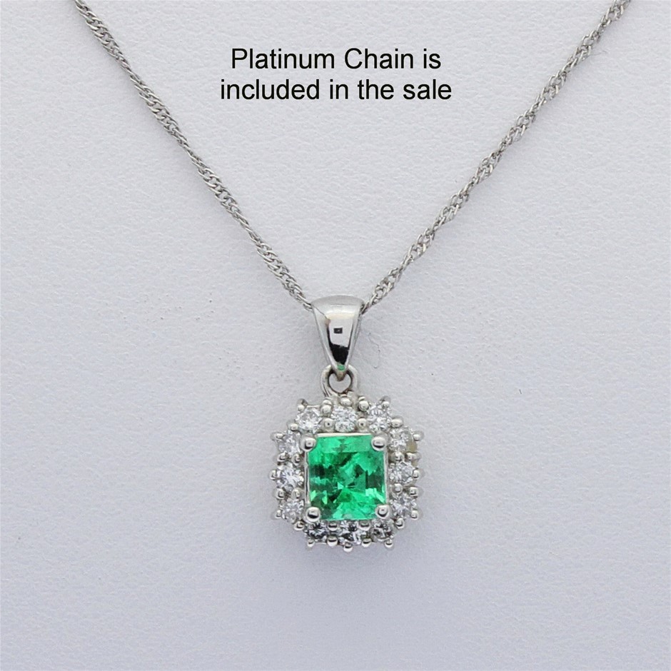 Platinum Diamond Emerald Pendant With Singapore Chain Necklet Bolt Ring 925