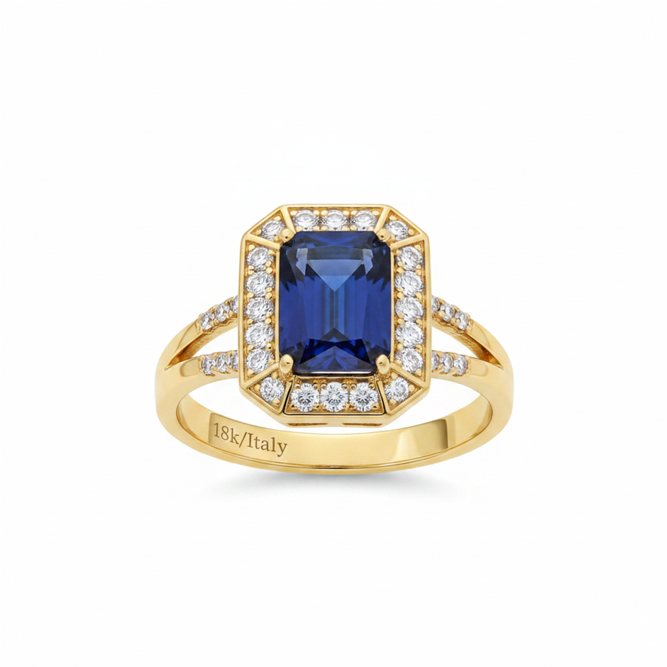 18K/Italy 8.0ct Blue Emerald Cut  Yellow Gold Filled Ring(stamped)-9US