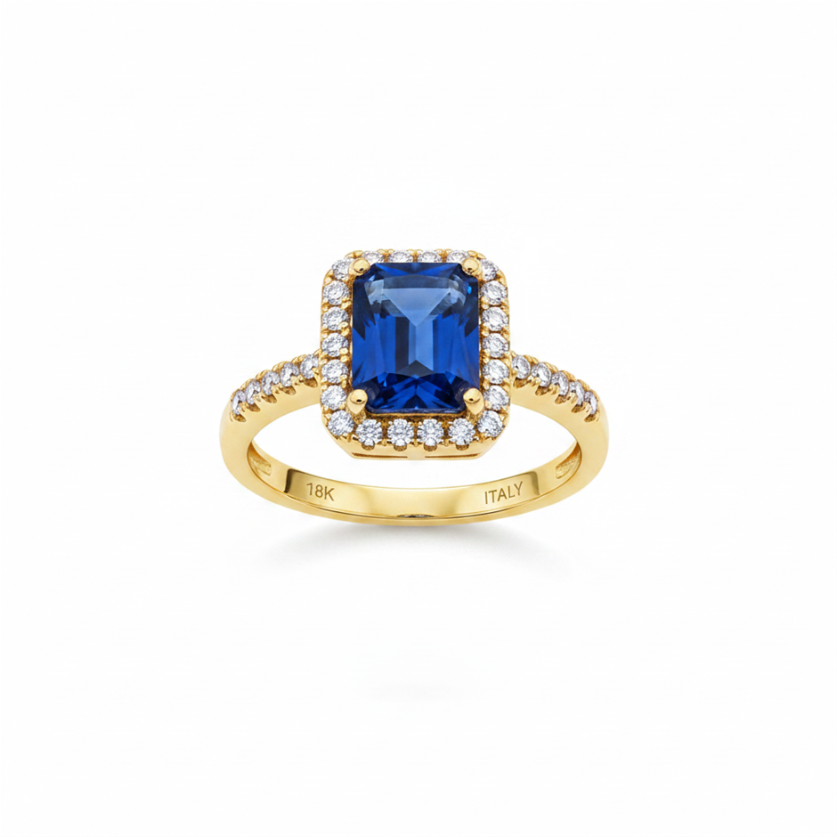18K/Italy 2.5ct Blue Emerald Cut Yellow Gold Filled Ring(stamped)-8US