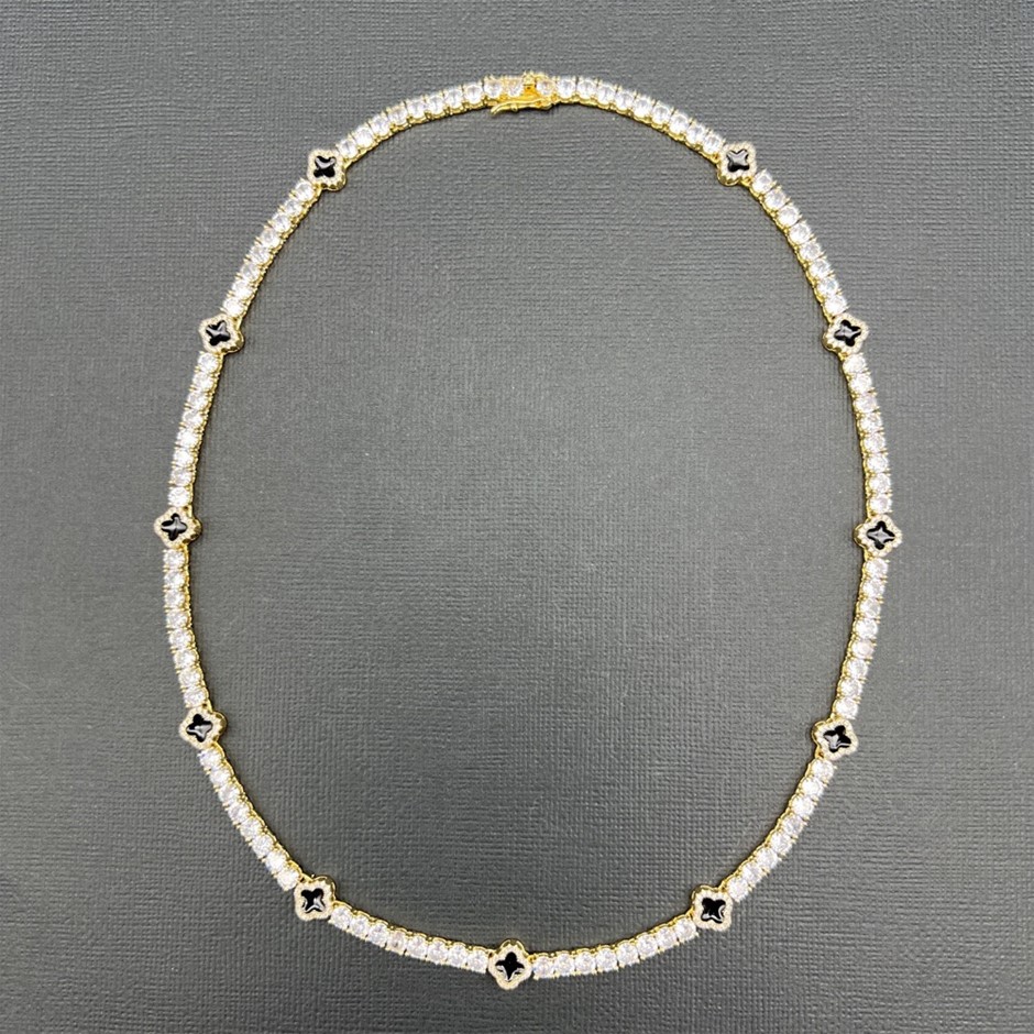 Gold-Filled Tennis Necklace Four-Leaf Clover & Cubic Zirconia's - 55.8cm