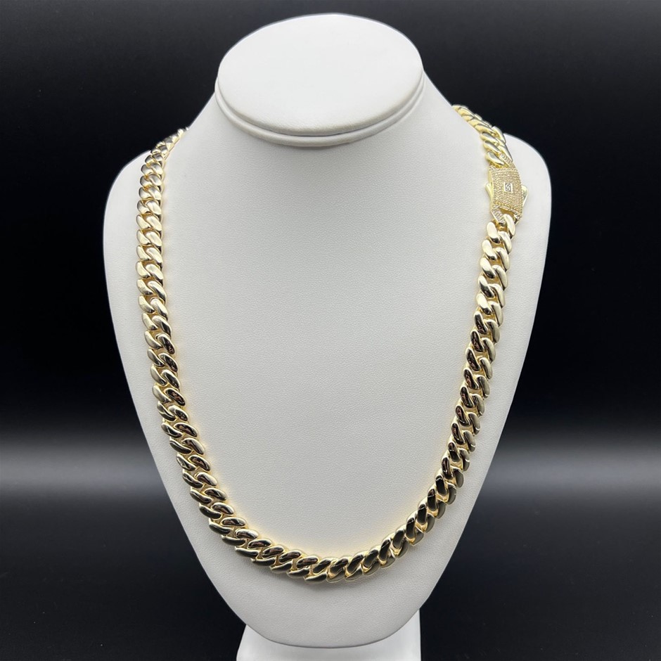 14K Gold-Filled Solid Cuban Necklace, Cubic Zirconia's, 10MM Wide - 66cm