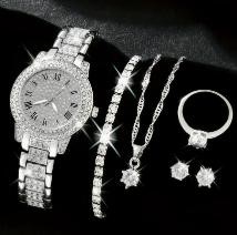 6-Piece Set.Watch, Necklace, Bracelet, Ring & Earrings(Gift Box Included)