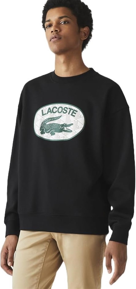 LACOSTE Men's Monogram Logo Crew Neck Sweatshirt, Black, Size Large, SH2524