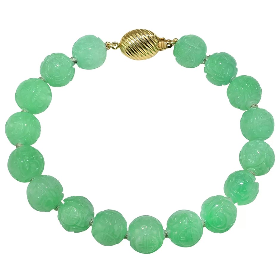 14kt Yellow Gold & Jade Carved Bead Bracelet w/ Yellow Gold Oval Clasp. Bra