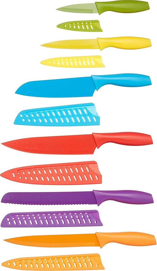 AMAZON BASICS 12-Piece Color-Coded Kitchen Knife Set, 6 Knives with 6 Blade