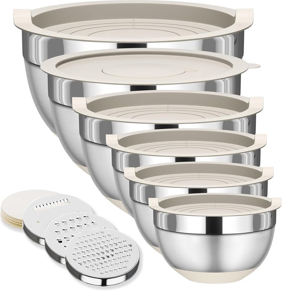 FYRNOVA Stainless Steel Mixing Bowls with Lids Set – 6 Nesting Bowls (1.0L–
