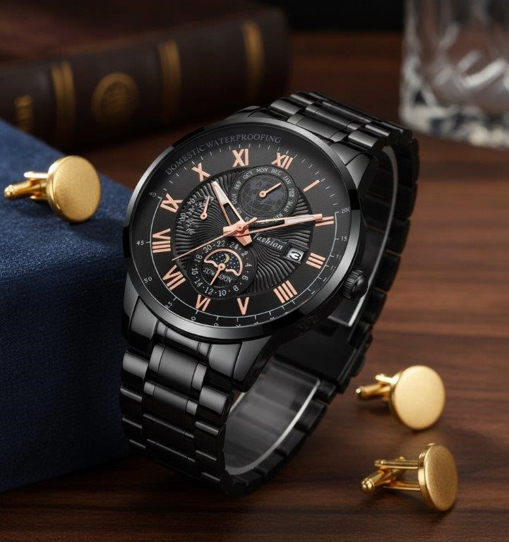 Luxury Black & Rose Gold Men's Watch – Premium Gift Box Edition