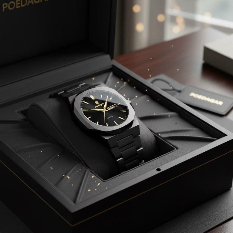 POEDAGAR Men's Black Stainless Steel Day Date Watch with Gift Box