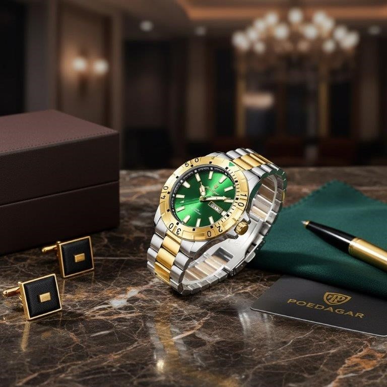 POEDAGAR Men's Green Dial Two-Tone Stainless Steel Day Date Watch with Gift