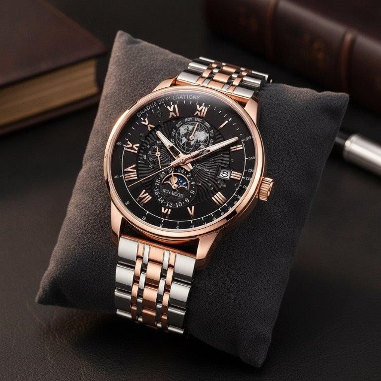 Luxury Men's Two-Tone Rose Gold & Silver Quartz Watch with Gift Box