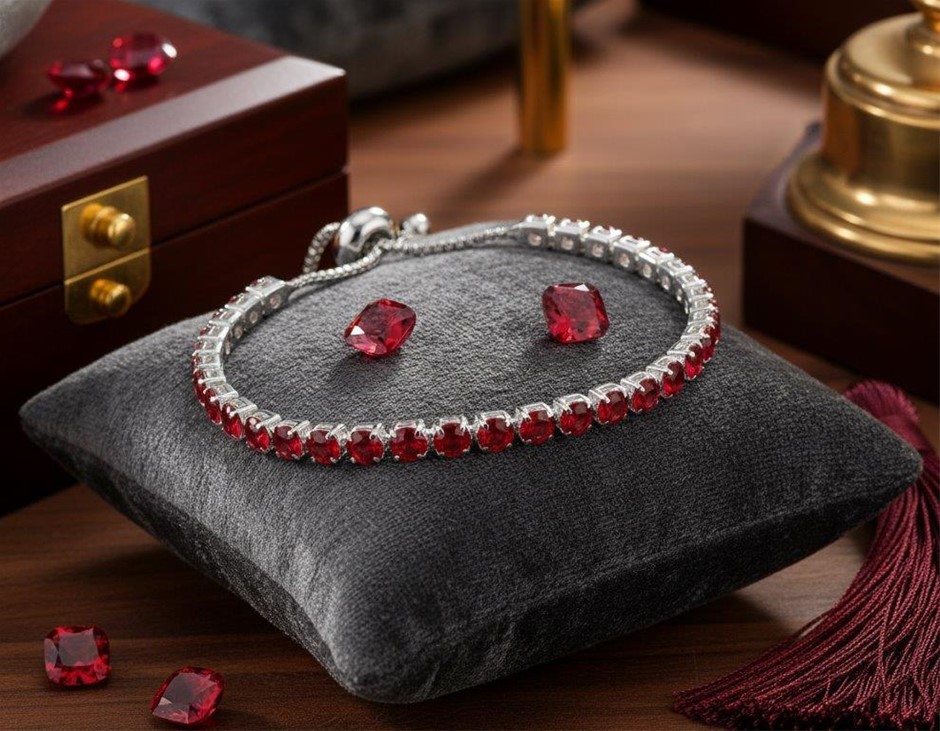 925 Sterling Silver Tennis Bracelet Red  Simulated Diamonds-adjustable