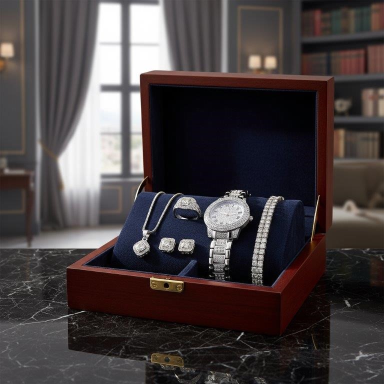 6-Piece Jewellery Set white Stones(Gift Box Included)-in 18k white Gold